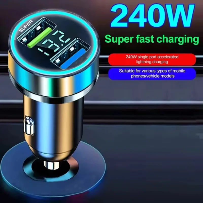 240W Car Charger Fast Charging 2 USB Ports Adapter for IPhone Samsung Xiaomi Quick Charging Chargers with Digital Display