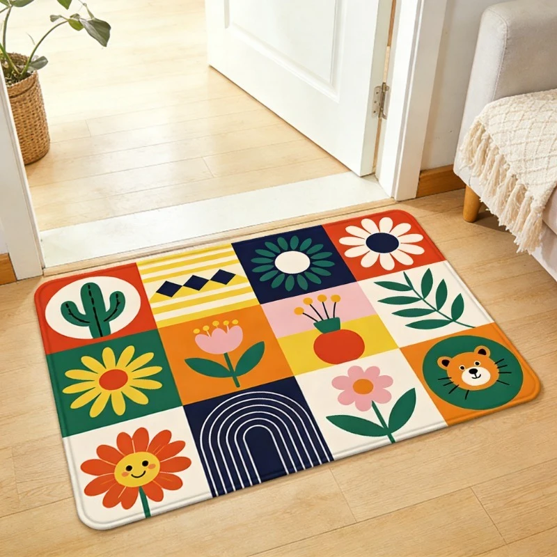 VIKAMA Memphis Style Geometric Flannel Doormat,Good Vibes Only Absorbent Floor Mat,Modern Welcome Rug for Home Entrance Bathroom