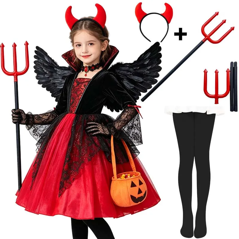 Halloween Girls Cosplay Devil Costume Witch Ghost Bride Tutu Dress with Horns Wings Pumpkin Bag Kids Party Cosplay Outfits