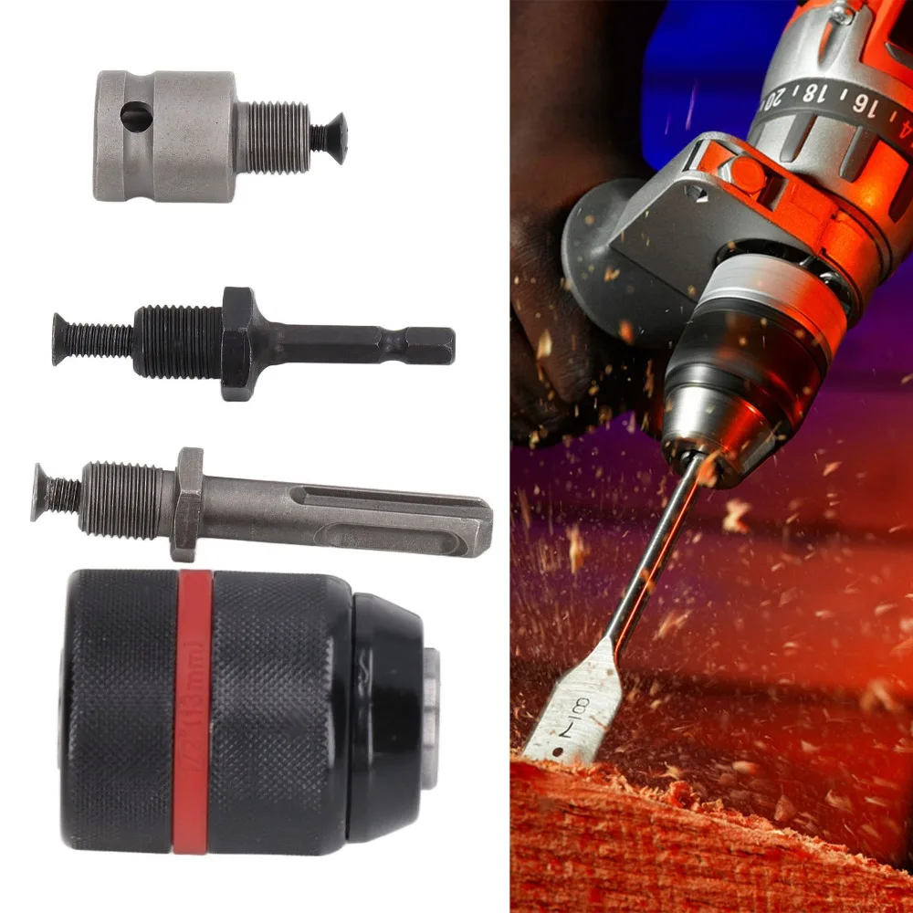 

1/2"-20UNF Mount Keyless Drill Chuck 1/4" Hex, 3/8" SDS-Plus Self-tighten Drill Chuck 2-13mm Capacity 1/2" Impact Wrench Adapter