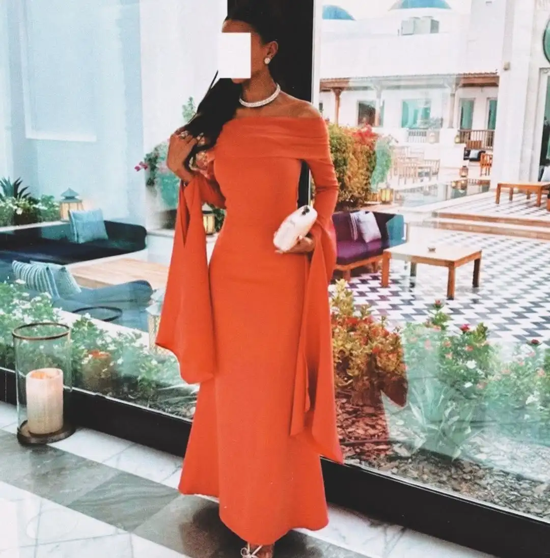 

Customized Mermaid Long Sleeves Evening Dresses Off The Shoulder Ankle Length Prom Dresses Vestidos De Noches Party Gowns