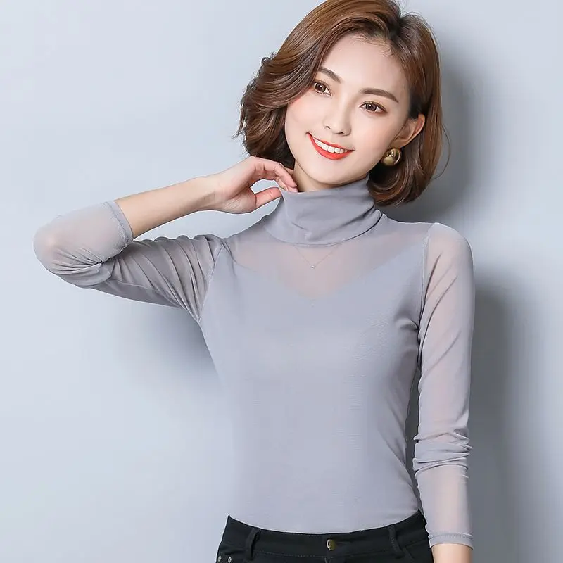 2024 Plain Top for Women Turtleneck Mesh Lace Tshirt Slim Woman T-shirt Sexy Pulovers Korean Style Old Clothing Novelties O Tee