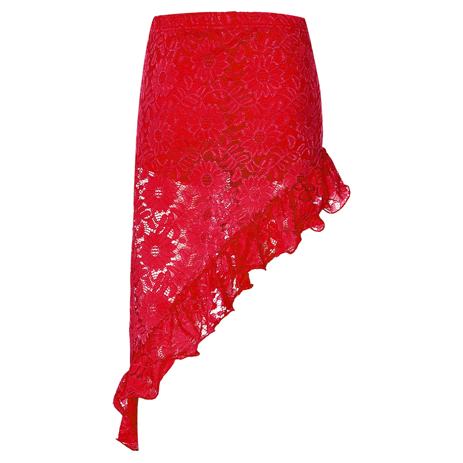 Women Sheer Floral Lace Belly Dance Skirts Latin Jazz Tango Dancing Costume Asymmetrical Ruffled Hem Skirt with Built-In Shorts