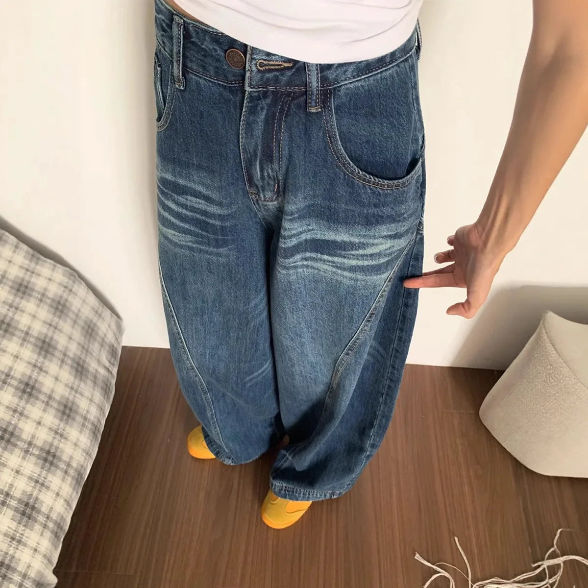American Style Washed Scythe Jeans For Women High Waist Loose Slimming Draped Straight Denim Pants