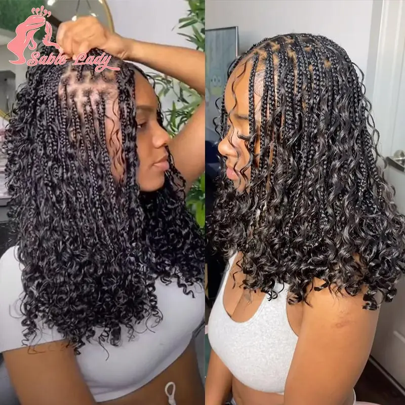 Synthetic Braided Bob Wig 12 Inch Curly Goddess Box Knotless 360 Full Lace Braided Wigs New Boho Braids Hair Wigs for All Women