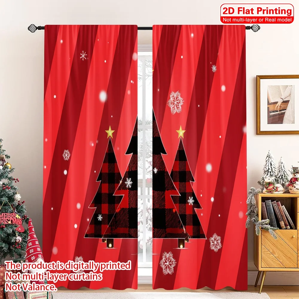 

2pcs 2D flat printing Merry Christmas Drapes Buffalo Plaid Christmas Trees_b Polyester Without Electricity Family Party for room