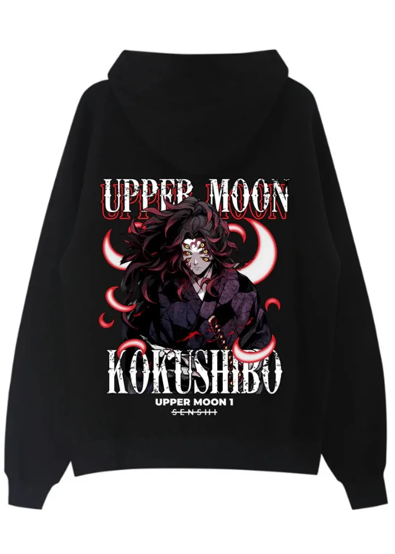 Demon Slayer Herbst/Winter Halloween Cosplay Hoodie 2025, klassischer Anime-Kokushibo-Charakterdruck, lockeres und plüschiges Kapuzenpullover
