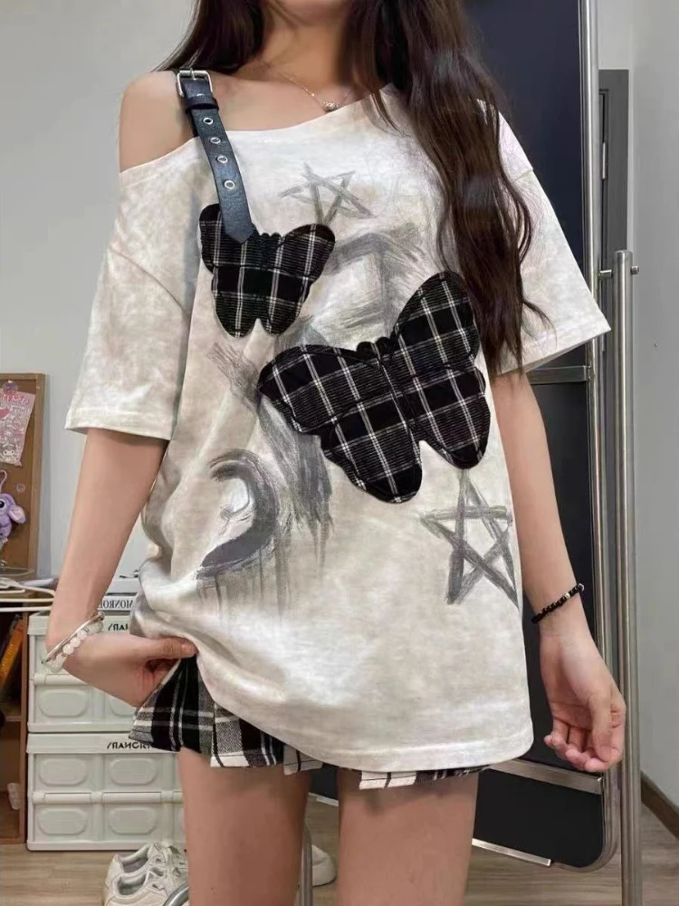 

Y2k Streetwear Spicy Girl T Shirt Butterfly Embroidery Print Tops Skew Collar Off Shoulder Loose Tees Punk Gothic Women Clothing