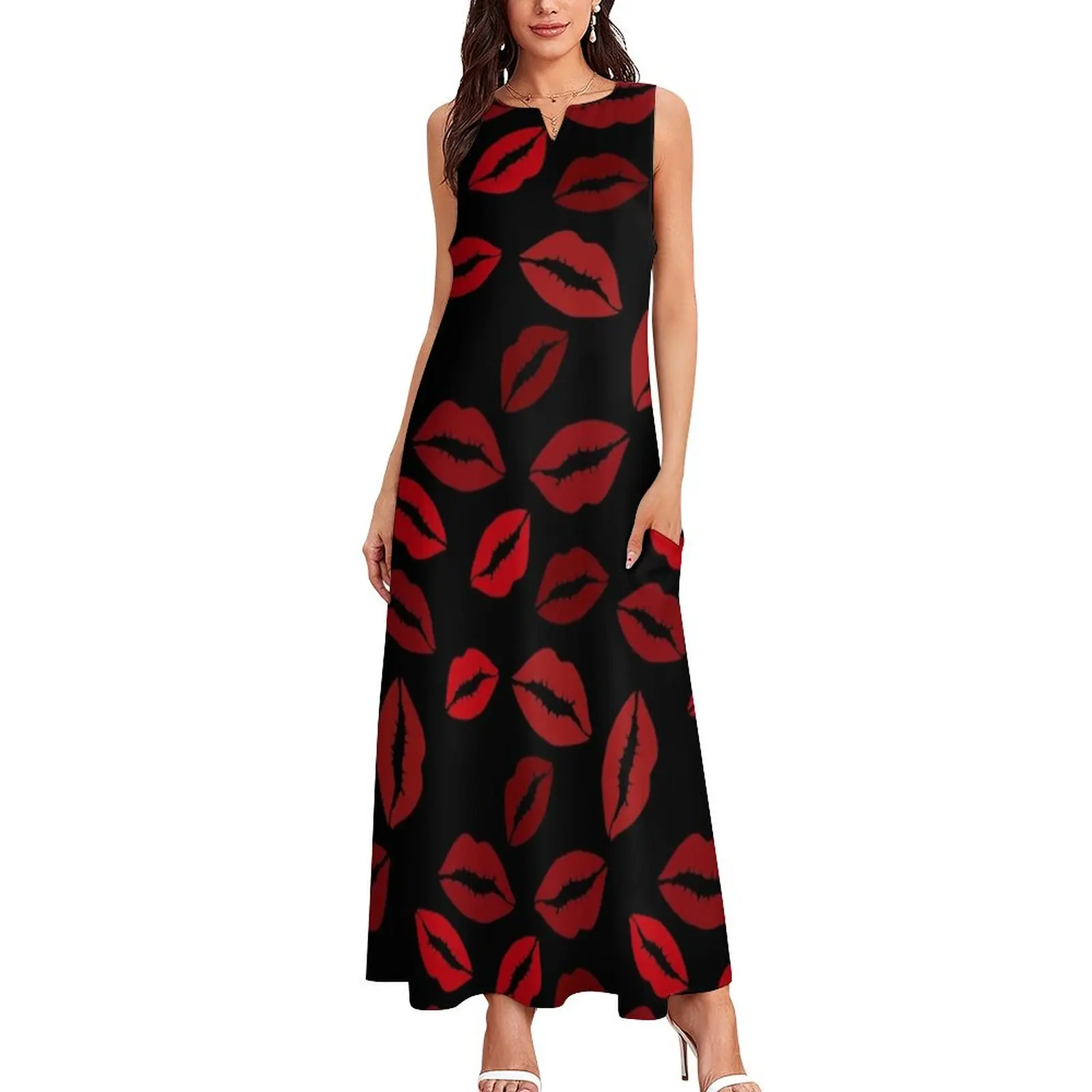 Seamless pattern of red lips on black background Long Dress women long dresses summer dresses womens 2025 dresses korean style