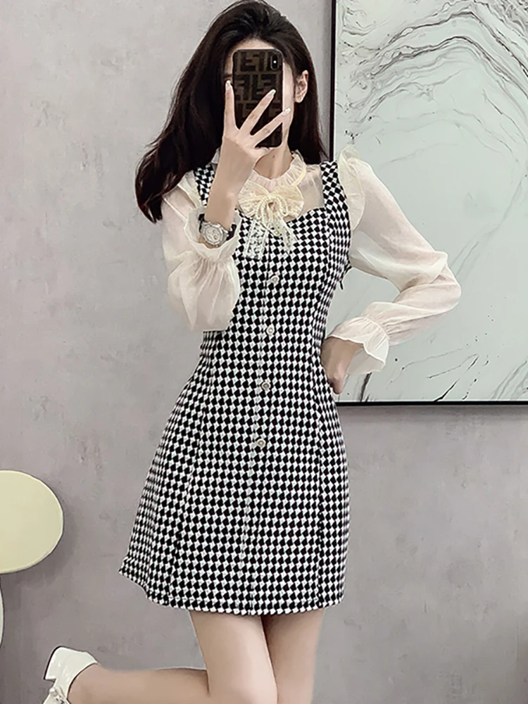 

Women Plaid Patchwork Mesh Beading Bow Collar Y2k Dress Autumn Winter Elegant Birthday Dress 2024 Korean Fashion Bodycon Dresses