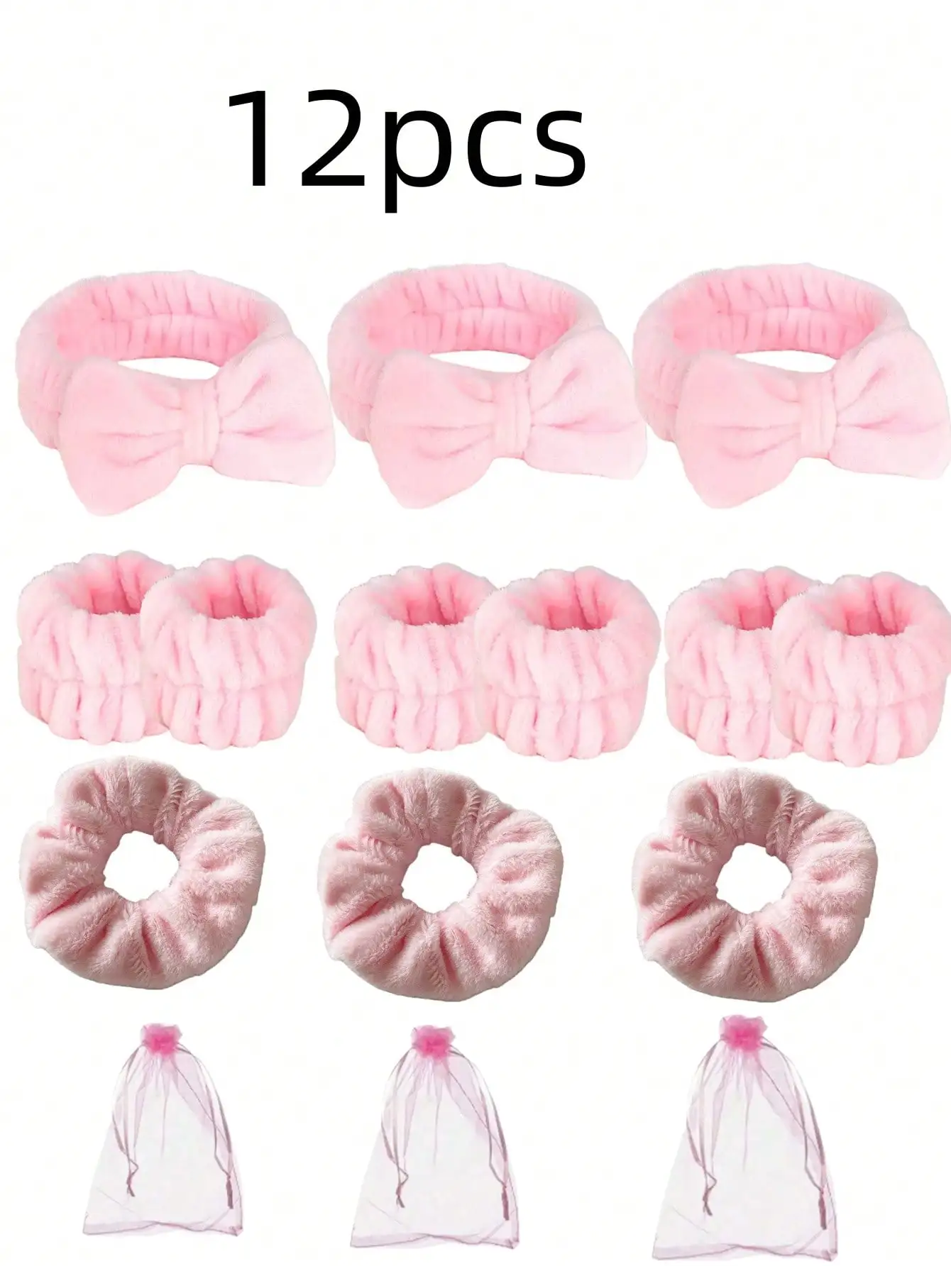 

12-piece spa pajama party set: 3 pink hair bands, 6 plush wristbands, 3 velvet hair loops and 3 organza bags-perfect for women's
