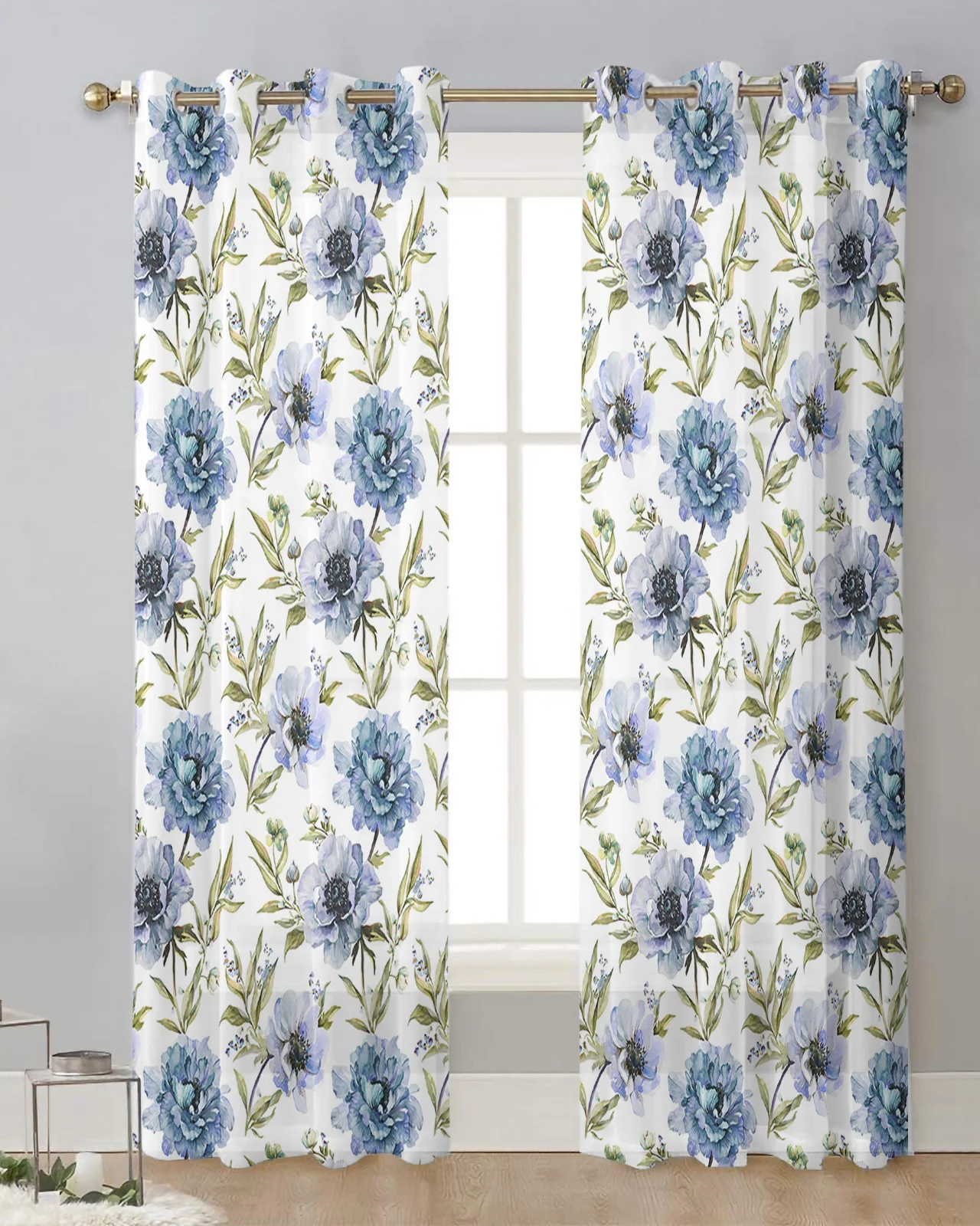 Pastoral Blue Sunflower Blue Peony Curtain Tulle Curtains For Living Room Kitchen Window Treatments Voile Curtains