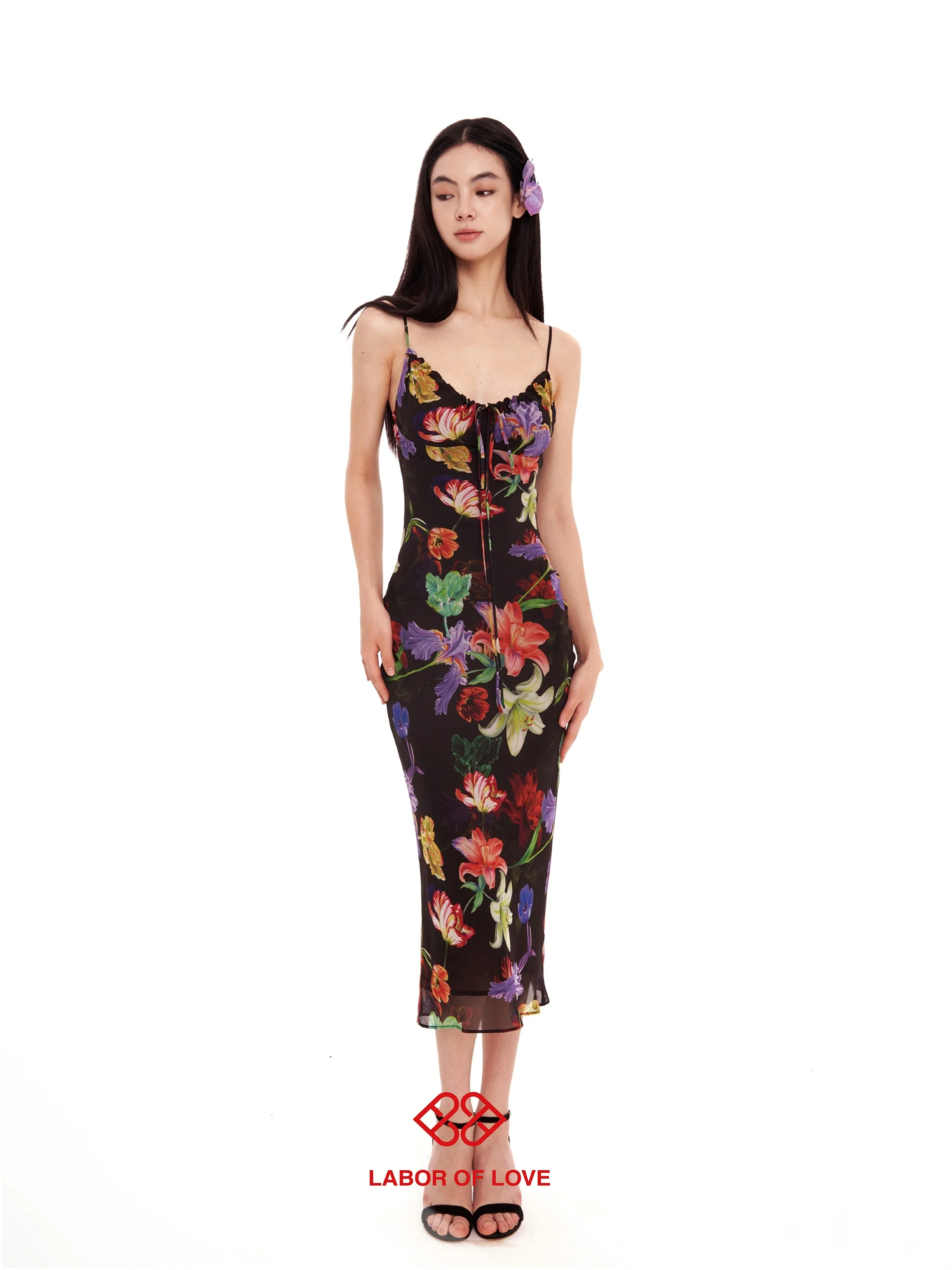 

Love's Labor Original Design Long Bla Tropical Floral Print Dr Sexy High Waist Polyester Fiber V-Ne Svel H-ape