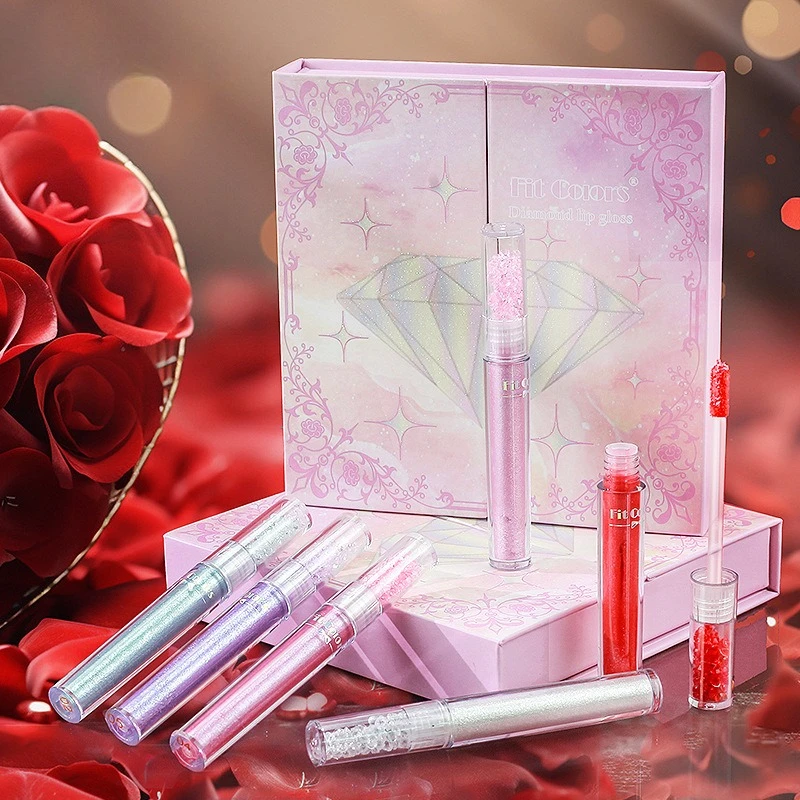 Juego de 6 piezas de brillo de labios de diamante, acabado brillante, aceite de labios hidratante, lujosa caja de regalo para mujer y novia, belleza