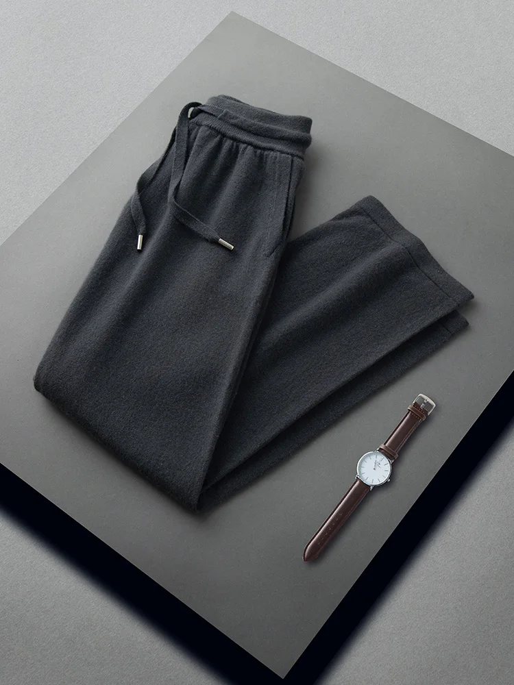 Men's Cashmere Straight Pants Autumn Winter Solid Regular 100% Cashmere Knitted Thin Elastic Waist Trousers Casual Lace-up Pants