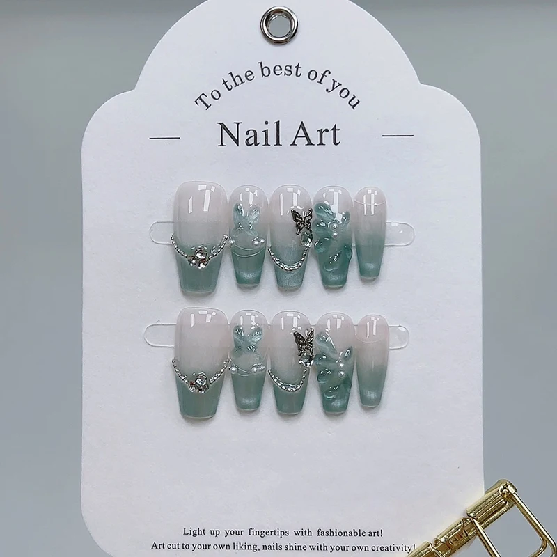 10Pcs Coffin Handmade Press On Nails Refreshing Light Green Gradient with 3D Butterfly Diamond Wearable Artificial Nail Tips Art