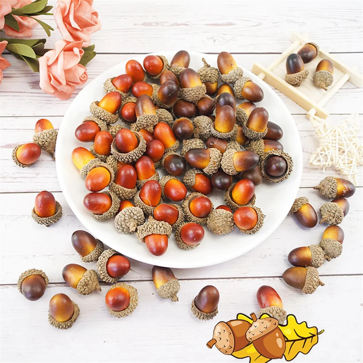 200PCS Mini Artificial Acorns, Bulk with Natural Cap for Fall Thanksgiving Halloween Decoration, Wedding Decor