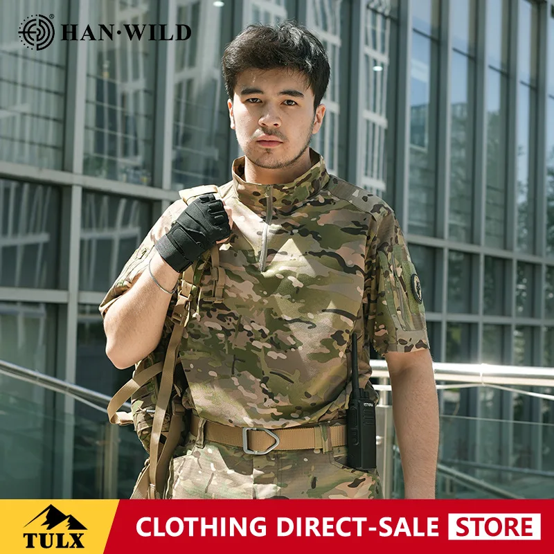Outdoor Assault Camouflage Short Sleeve T-shirt Summer Training Uniform Tactical Short Quick Drying Ventilate Stand Collar Top