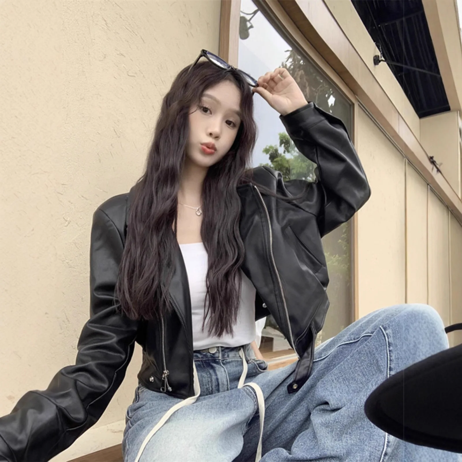 

Lapel Leather Jacket Women's Spring and Autumn New Retro Short Loose Long-sleeved Locomotive Clothing
