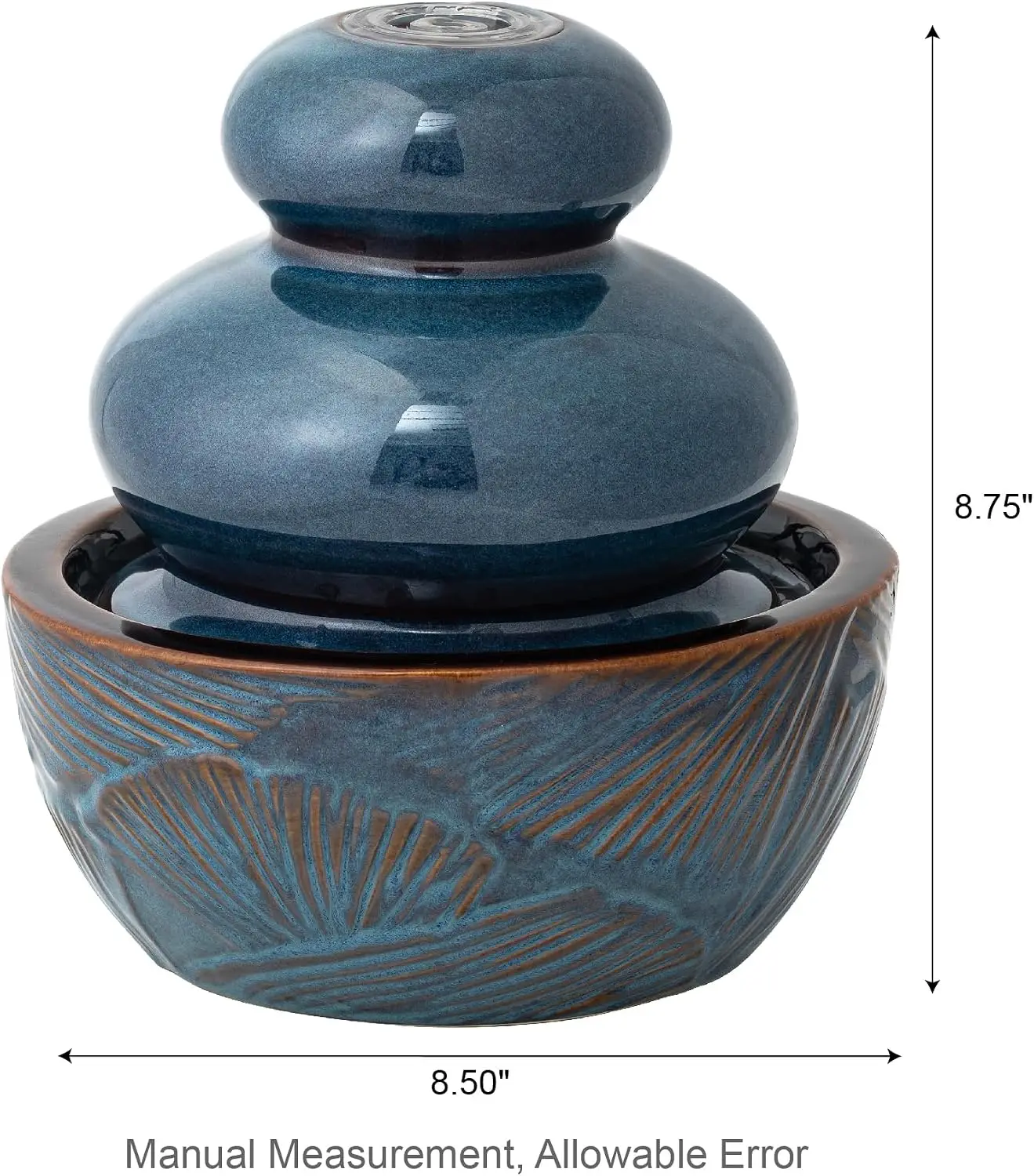 Tiered Tabletop Water Fountain with LED Light, Turquoise Leaf-Textured Ceramic Desktop Fountain, Decorative Zen Meditation Mini Waterfall for Home Office, 8.75 in H