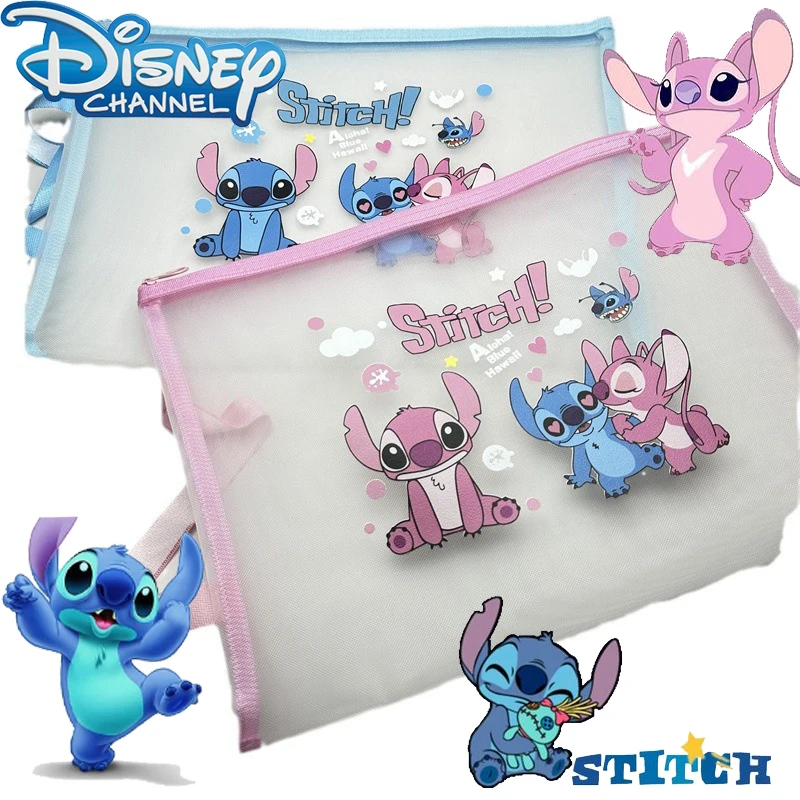 Disney Stitch A5 Nylon Mesh File Bag studente Cartoon Lilo & Stitch Cute Stationery Storage Bag Cartoon trasparente garza Pen Bag