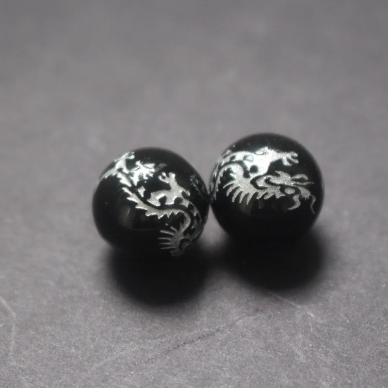 10Piece/lot 8mm 10mm 12mm 14mm Glass Beads Black Color with Carving  Silver Color Dragon  Fashion Beads For Jewelry Making