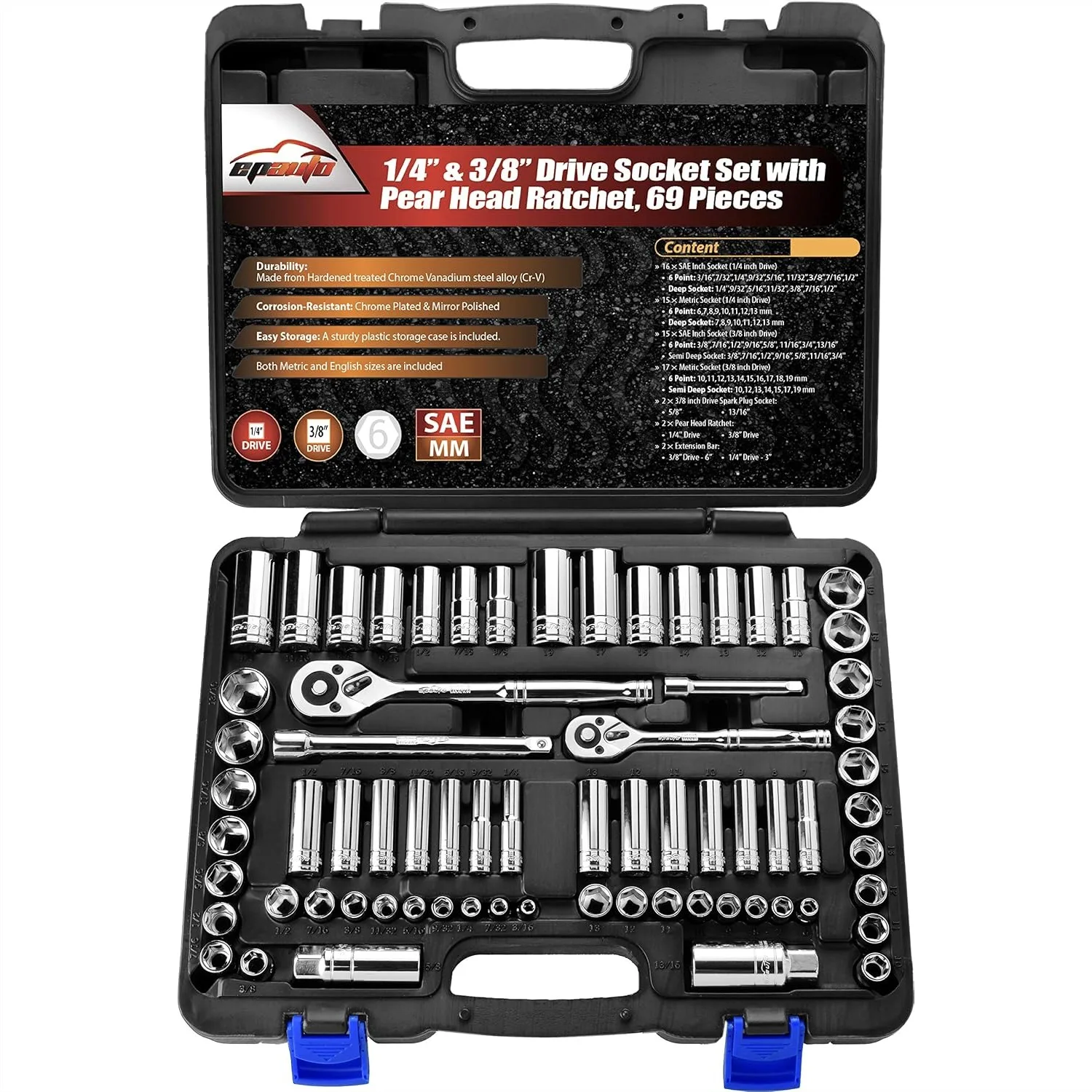 

69 Piece Socket Set, 1/4" & 3/8" Drive with Pear Head Ratchet, Chrome Vanadium Steel, Metric & SAE