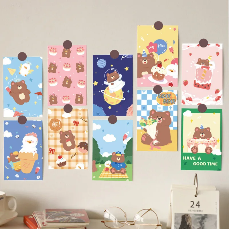 Ins Cartoon Bear Cartões Postais Engraçados, Cartões Bonitos, Adereços para Fotos Kawaii, Parede de fundo, DIY Cartão Decorativo Criativo, 10 Folhas