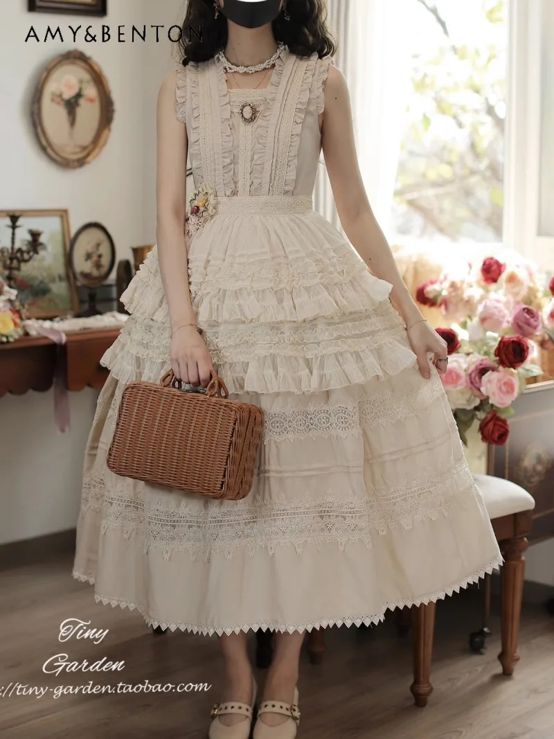 

Vintage Pastoral Style JSK Elegant Solid Color French Lolita Evening Dresses Sweet Ruffle High Waist Slim Mid-Length Dress Women