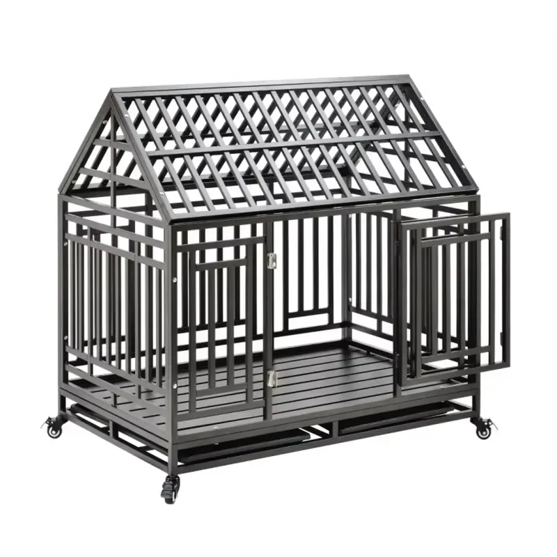 Heavy Duty Square Tube Dog Cage with Wheels Large Breed Kennel Tear Resistant Metal Crate Easy Assembly Pet Enclosure for