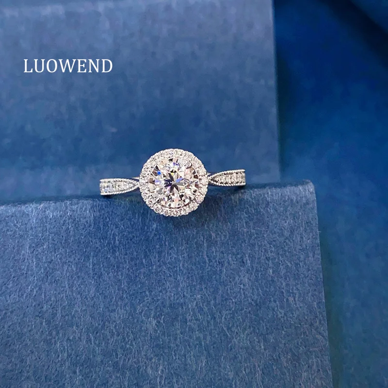 LUOWEND 100% 18K White Gold Rings Real Natural Diamond Engagement Ring for Women Luxury Round Shape High Wedding Jewelry