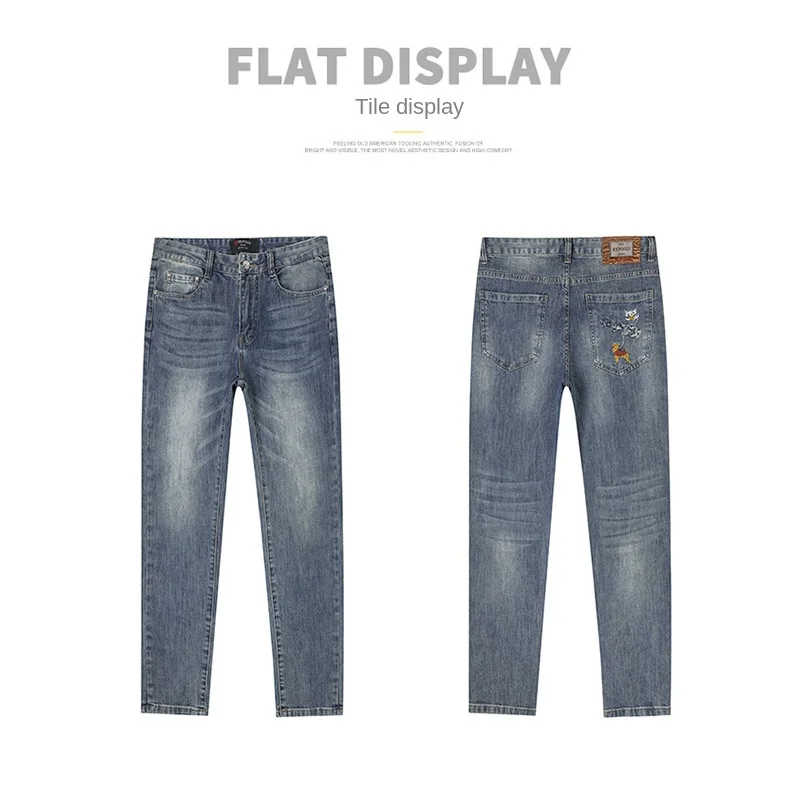 

2025Летние тонкие высококачественные мужские джинсы с вышивкой, легкая роскошная мужская одежда, эластичные прямые универсальные модные брюки
