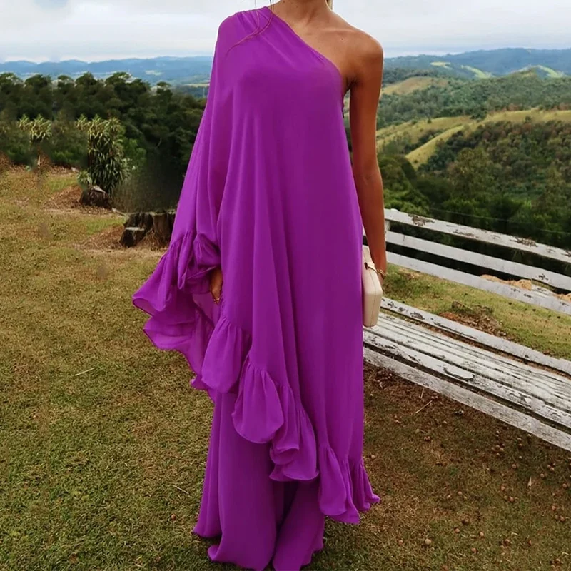 Wefads Autumn Long Dress Women Elegant Fashion Solid One Shoulder Irregular Batwing Sleeve Loose Maxi Dresses For Evening Party