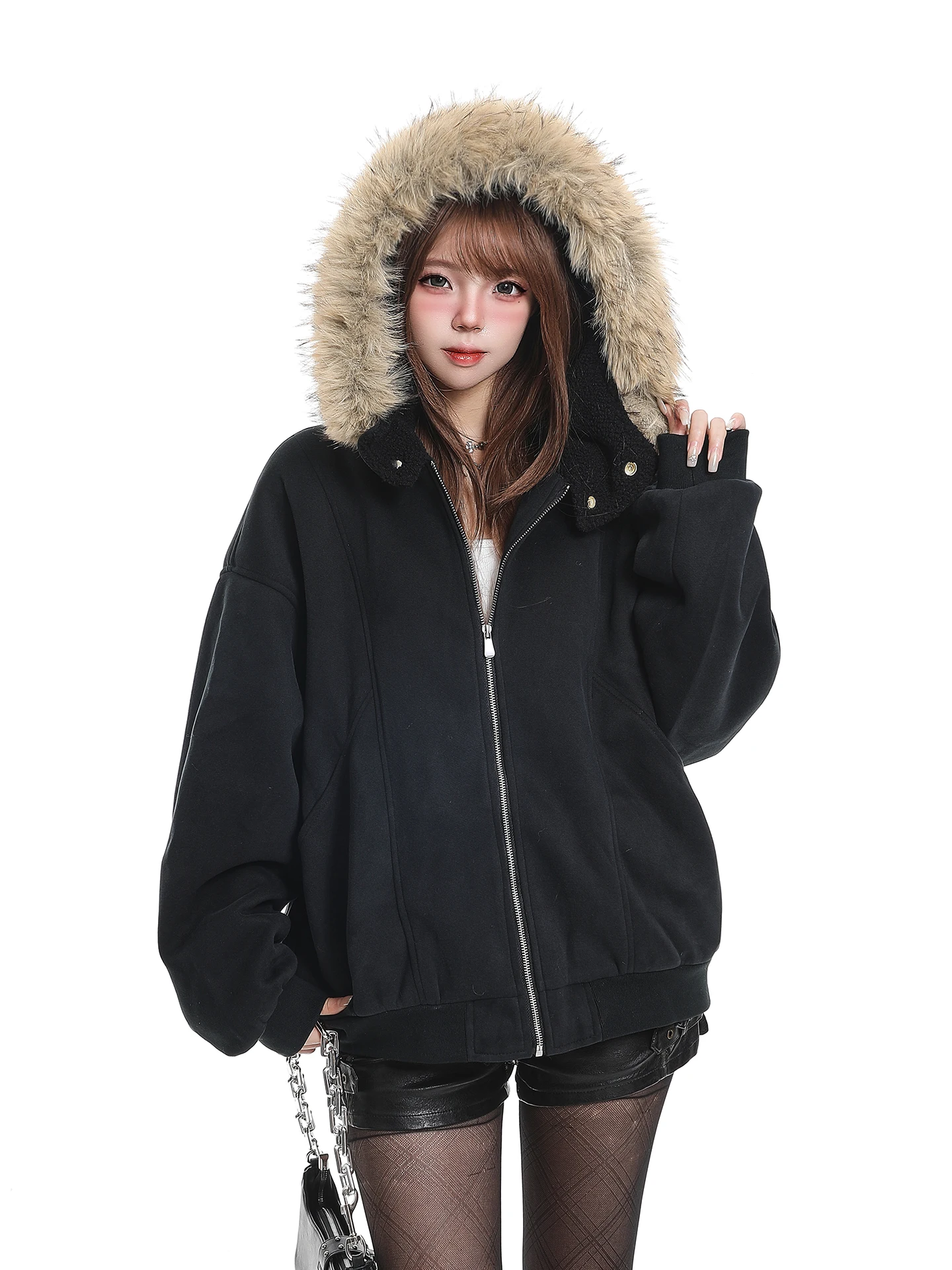 

Women's Hooded Bomber Jaet Winter New Sle Thiened Floing Collar Street Sle Loose Fit Zipper Closure Color