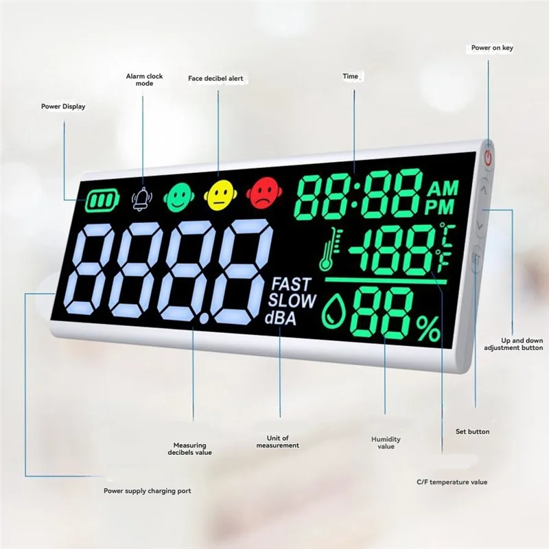 A74X-écran de charge Usb compteur de niveau sonore mural compteur de niveau sonore compteur de bruit numérique testeur de surveillance décibel