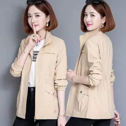 Mom Outfit Spring and Autumn New Stand Collar Jacket Solid Color Zipper Pockets Leisure Appears Thin Versatile Long-sleeved Coat