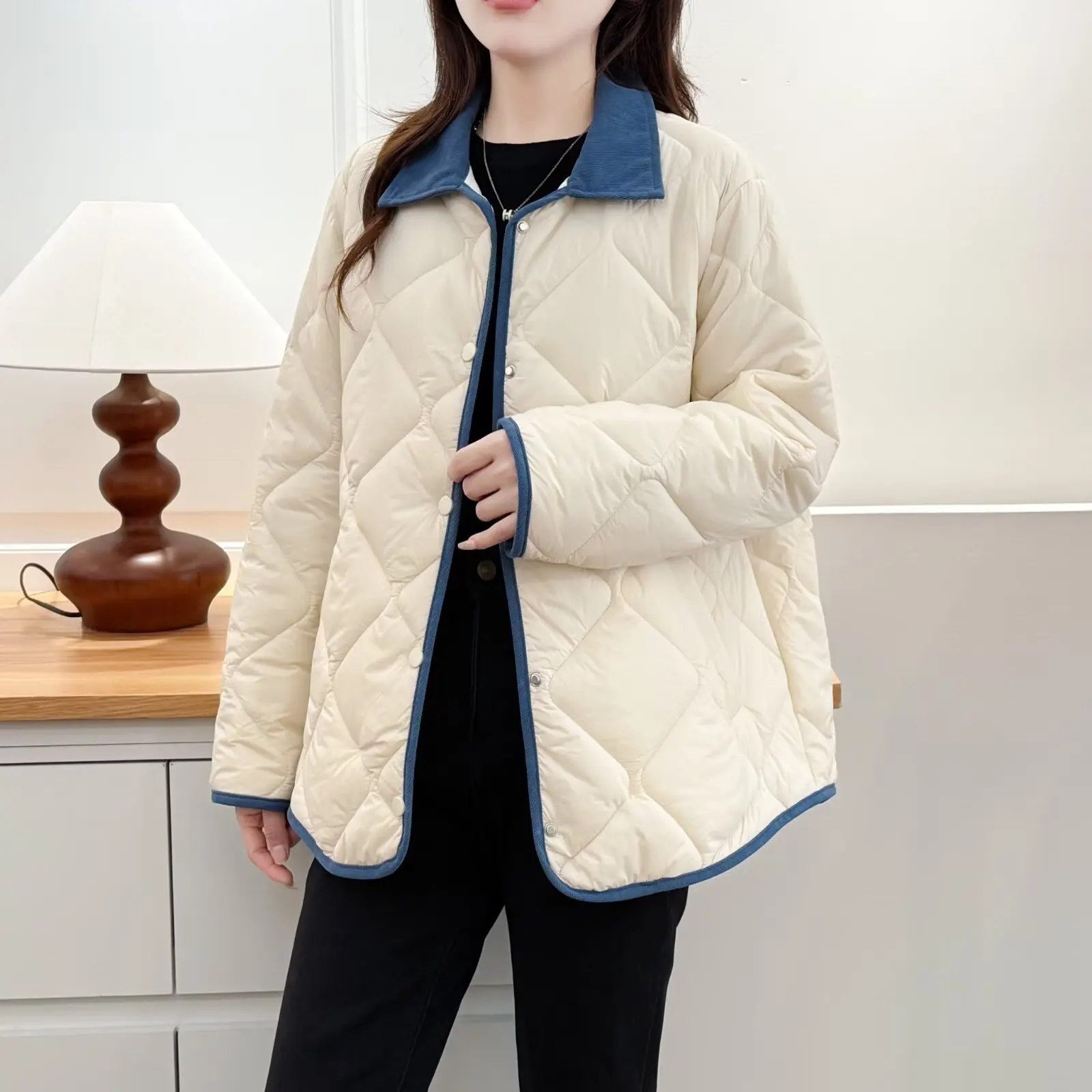 

XXXXL Fashion Plus Size Women's Parkas 2025 Autumn Winter Lightweight Color Blocking Lapel cotton-padded Jacket Casual Warm Coat