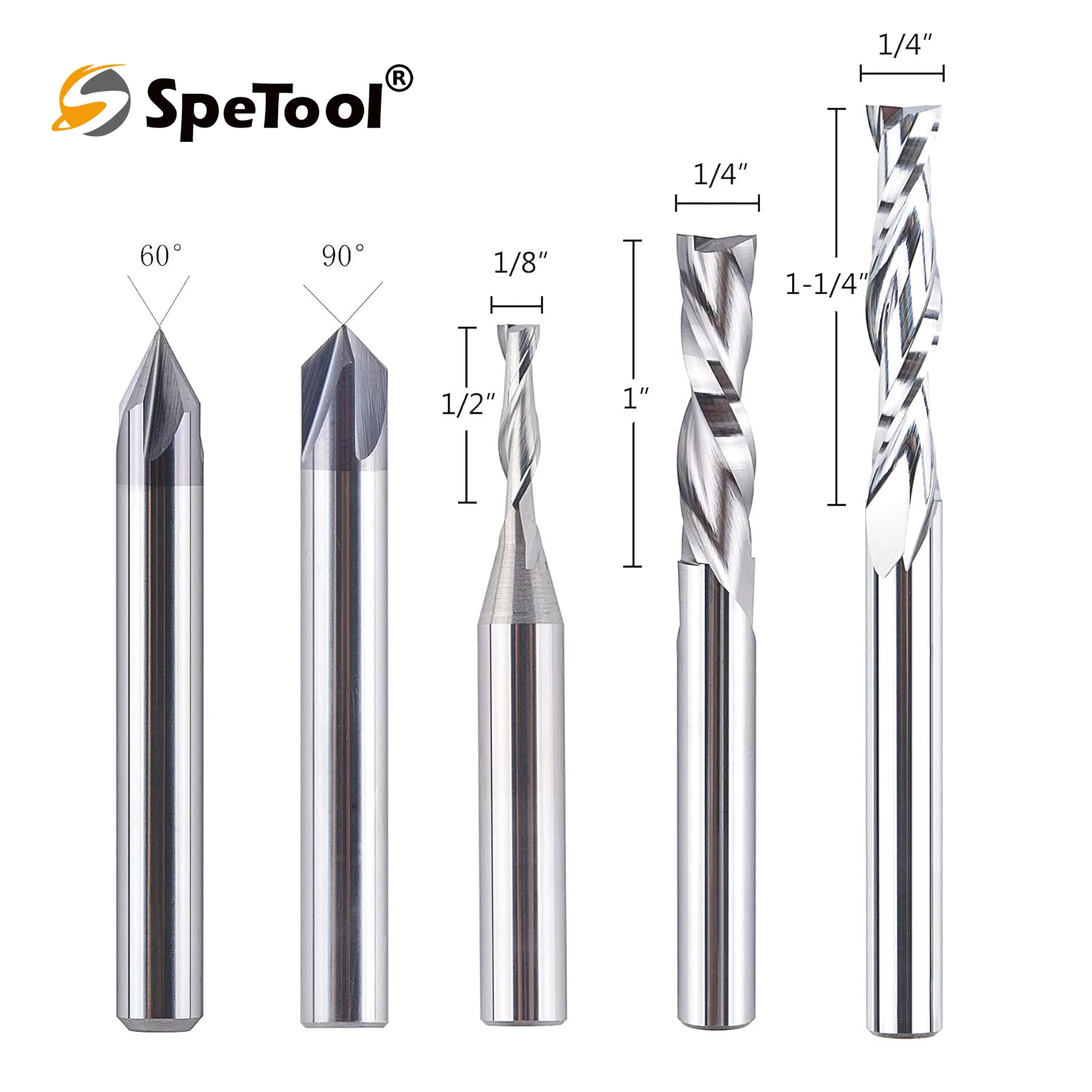 SpeTool 5 Pcs CNC Router Bit Sets Cabide Bit 1/4 Inch Shank Up Down Cut V Groove End Mill for Woodwork Beginner Engraving Slot