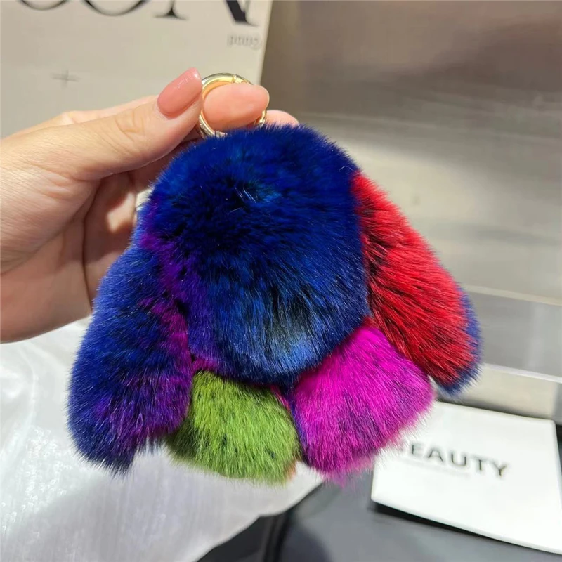 Real Rex Rabbit Fur Keychain Multicolored Plush Bunny Toy Women HandBag Ornaments Car Key Metal Ring Trinkets Girl Birthday Gift