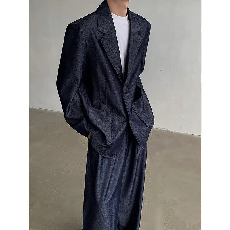 

Весенний мужской люксовый джинсовый костюм 2025: повседневный городской стиль, длинный рукав, классический воротник, комплект из двух предметов, молодежный, энергичный