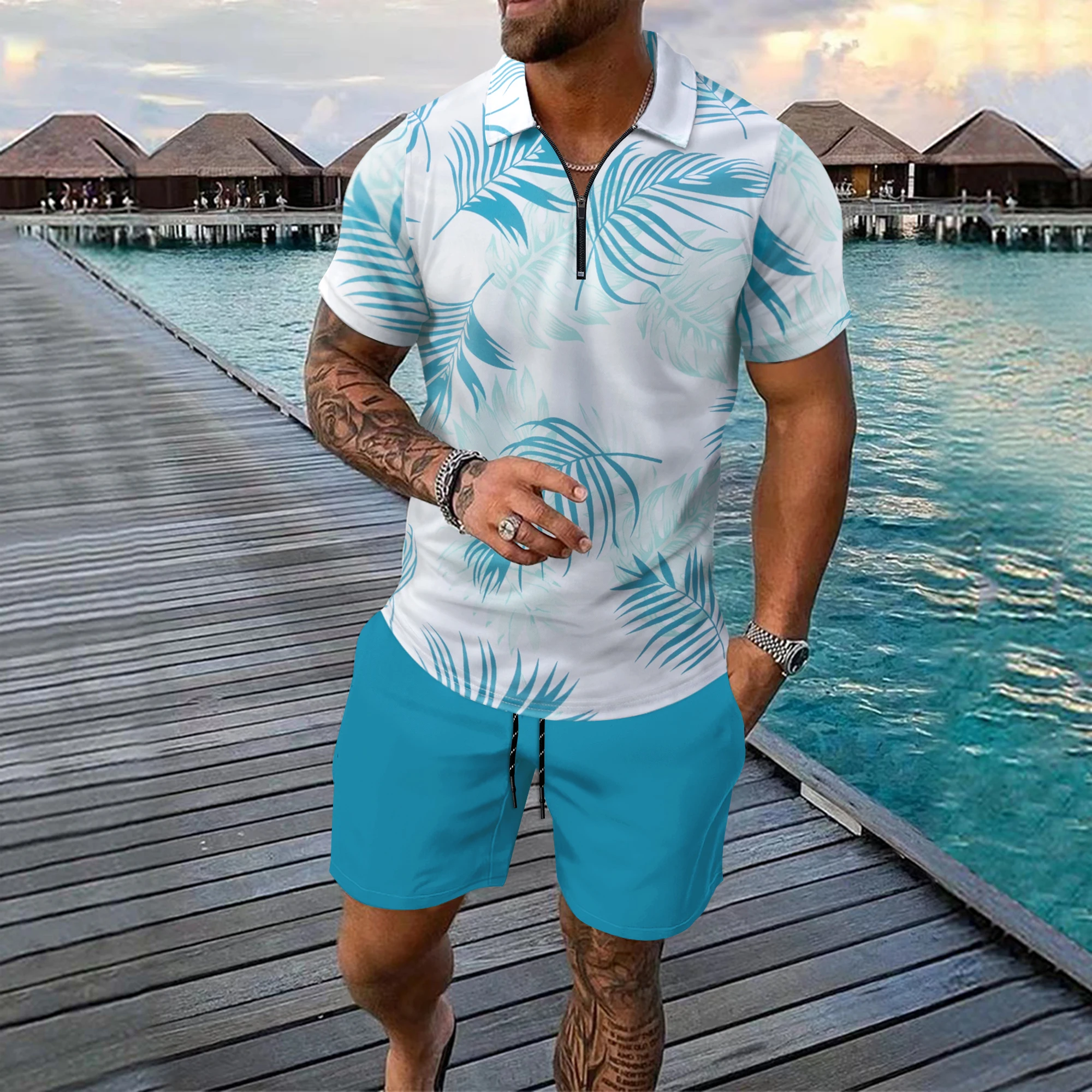 

Men's Clothing Fashion Hawaiian Polo Zipper Beach Vacation Set Short-sleeved Polo Shorts Two-piece Suit, Casual Street Sets