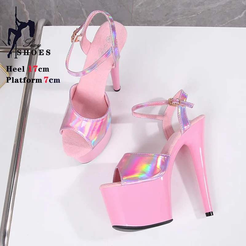 Sexy 17cm High Heeled Women Sandals Peep Toe Platform Sandals Women Shiny Laser Leather Buckle Strap Stiletto Pole Dance Shoes