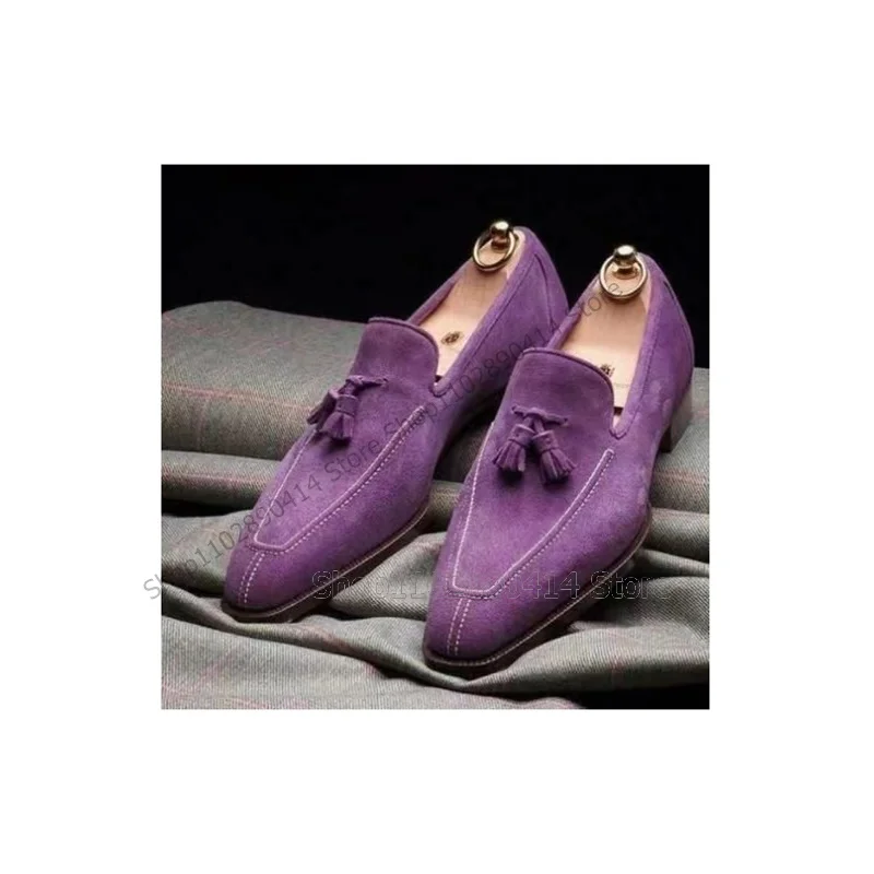 

Purple Blue Tassels Decor Sewing Design Flock Loafers Fashion Slip On Men Shoes Luxury Handcraft Party Banquet Men Casual Shoes