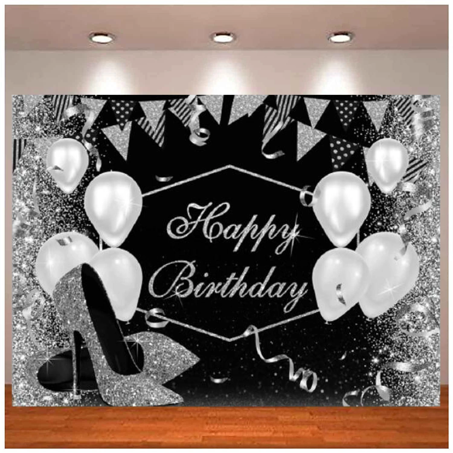 

Glitter Silver Photography Backdrop Sparkle Sequin Balloon High Heels Background Women Girls Bokeh Birthday Party Decor Banner