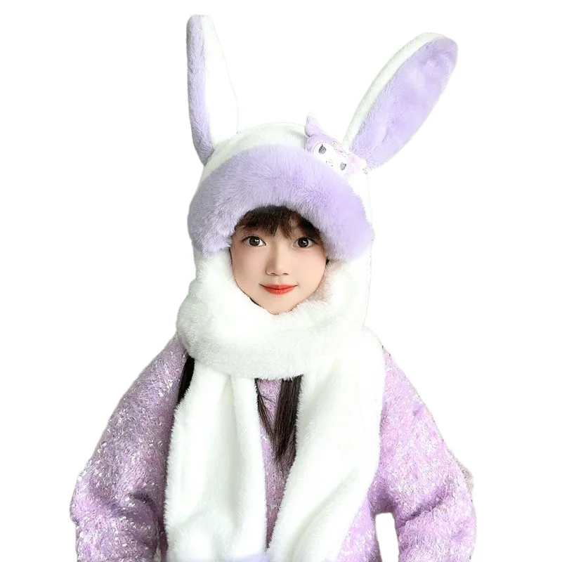 Sanrio Girl Hat Winter Kawaii Thicken Keep Warm Protection From Cold Scarf Gloves One Body Child New Pochacco The Ears Move Cute