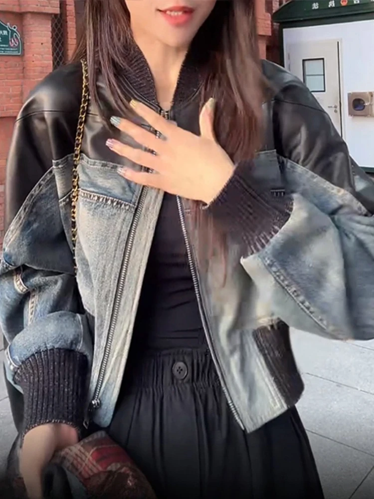 Spring Autumn 2026 Women's American Retro Long Sve Denim Jaet Loose Splicing ort Sle Leather Coat Anti-Wind Daily Wear