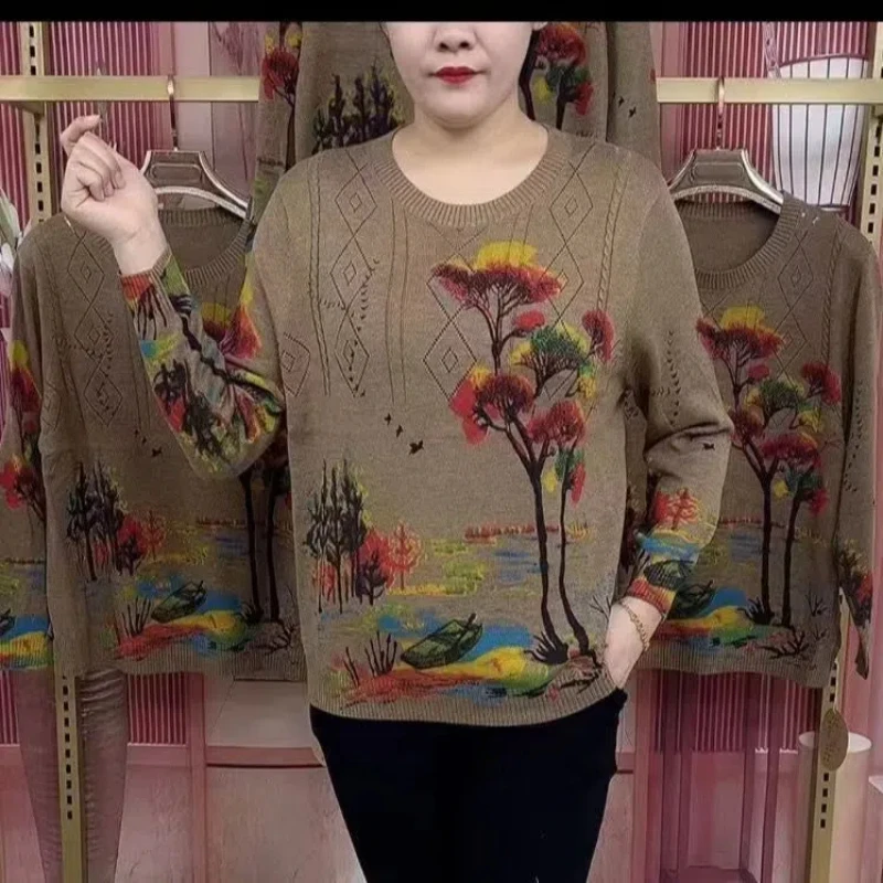 Autumn and Winter New Sweater Middle-aged Mom with Added Weight Fashion Casual Versatile Plus Size Landscape Painting Cotton Top