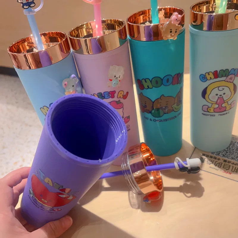 Kawaii Bt21Ed Anime Pp Environmental Protection Material Double-Layer Straw Cup Cute Cartoon Large-Capacity Accompanying Cup