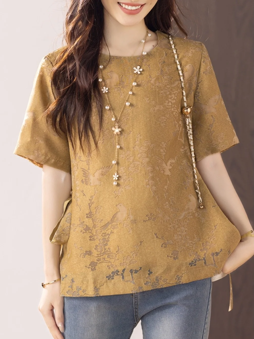 Camiseta Ele bordada ort Sve para mujer, lazo lateral, verano, talla grande, irt, informal, holgada, redonda, Ne Basic Sle