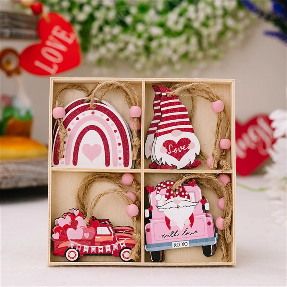 Valentine's Day Wood Ornaments With Ropes 12 Pcs Valentines Tree Decorations, 4 Styles Pendant, Valentine's Day Party Decoration